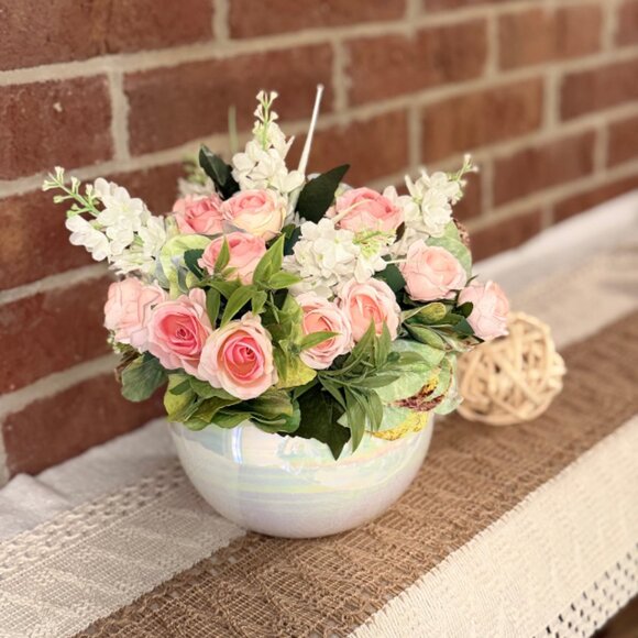 Faux Pink Rose Floral Arrangement Centerpiece in Ceramic Pearl Bowl - Picture 6 of 11